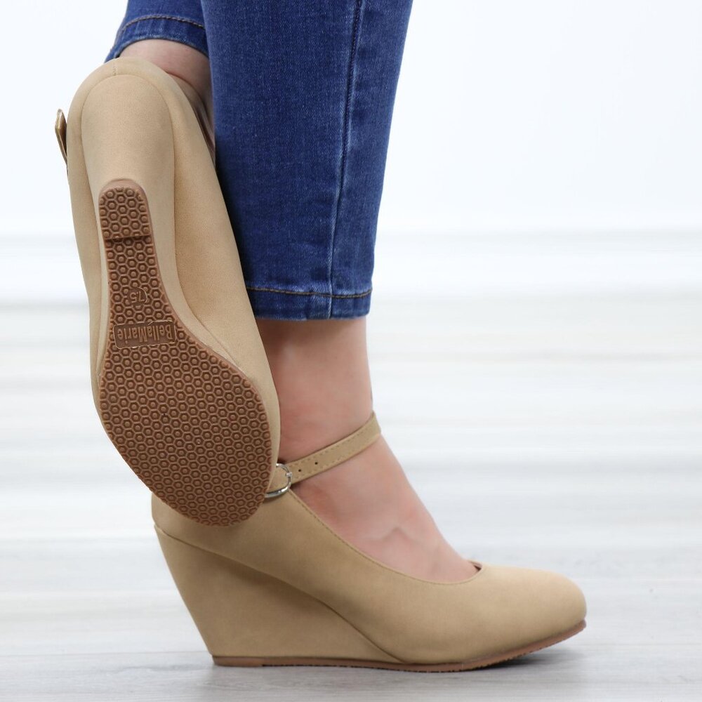 Faux Nubuck Leather Low Wedge Classy Heel - Picture 3 of 13